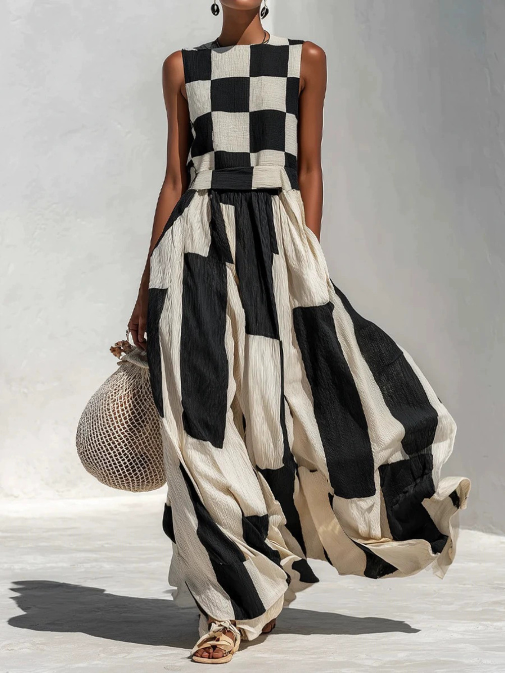 ZARA Black White Checkered Sleeveless Patchwork Maxi Dress Resort Style Elegant